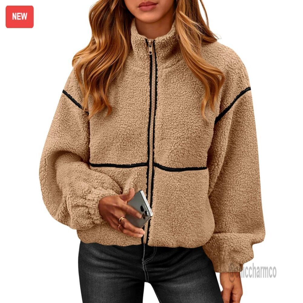 Oversized Sherpa Fleece Jacket with Faux Fur Trim, Full Zip, Winter Coat